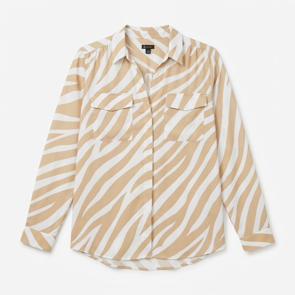 Ann Taylor Button Down Shirt Women XL Tan Cream Zebra Print Long Sleeve